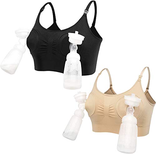 2 Pairs Femme Tire Laits Bustier Mains Libres Soutien-Gorge Maternité Doux Allaitement Bras Coton Confort Brassière Taille au Choix ,L,Noir + Nu