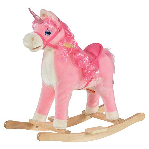 HOMCOM Cheval à Bascule modèle Licorne avec Sons Authentiques Selle Grand Confort Bois de peuplier Rose dim. L74 x l33 x 62H cm