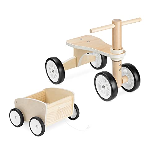 Navaris Draisienne avec remorque - Vélo en Bois sans pédale pour Enfants de Plus de 18 Mois - Tricycle Charge Max 50 kg avec Panier Charge Max 29 kg