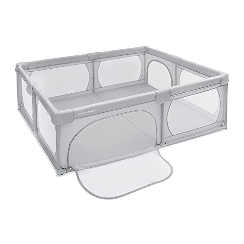 Moby-System Parc pour bébé, centre d'activités pour enfants, pour l'intérieur, avec base antidérapante, grille de protection, stable, matériau imperméable, sac de transport, 200 x 140 cm, gris