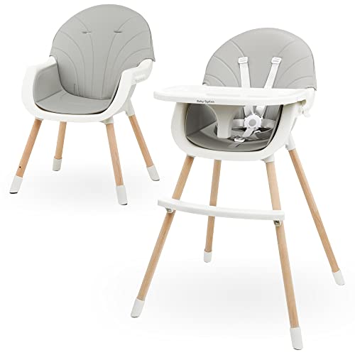 Moby-System Amelia Chaise Haute 3-en-1 - Bébé Bois de 6 Mois à 6 Ans - Plateau Réglable, Repose-Pieds, Ceinture 5 Points - Convertible Chaise Enfant - Gris