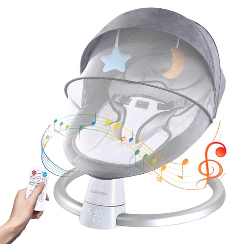 Uuoeebb Transat bebe, Balancelle bebe electrique avec Bluetooth, avec 5 vitesses de balancement, minuterie à 3 étapes et télécommande, Transat balancelle bébé de La Naissance (Gris)