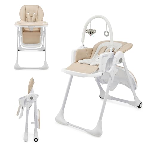 Kinderkraft TUMMIE Chaise Haute 2 en 1, pour Bébé Ergonomique, Confortable, Inclinable, Pliable, avec Hauteur Réglable, Repose-Pieds, Plateau Amovible, pour Tout-Petit, avec jouets, Beige