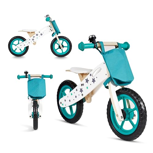 BUDDY BABY Bike Montessori Vélo sans pédales léger avec siège réglable et sonnette, vélo à 2 roues, fabriqué en bois, pratique, pour bébé Blanc/vert