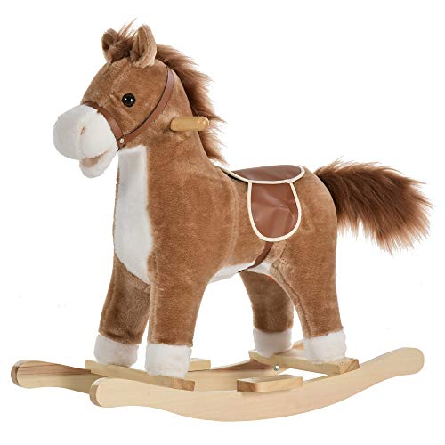 HOMCOM Cheval à Bascule Selle Grand Confort Peluche Courte Douce Bois peuplier Brun dim. 65L x 32,5l x 61H cm