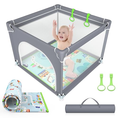 VANCLE Parc de Jeux 90 x 90cm, Avec Coussinet Antidérapant Doux et Maille Respirante, Cour de Jeu Intérieur et Extérieur Centre d'activités pour Bébé/Enfant/Tout-Petits, Gris (90 * 90CM)