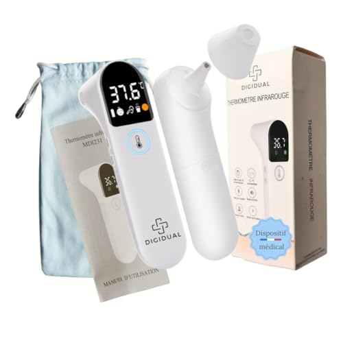 [DigiDual]Thermomètre Frontal et Auriculaire Digital Infrarouge–Mesure Corporelle, Température Ambiante,Liquides–Précision Instantanée pour Bébés, Enfants et Adultes–Sans Contact, Multifonction