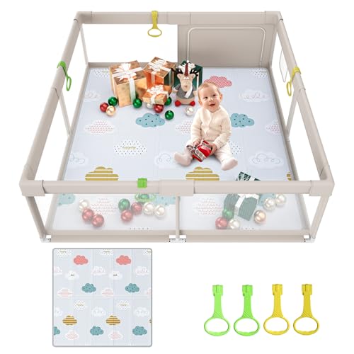 UANLAUO 150x150cm Parc Bebe avec Tapis bébé, Parc Enfant,XXL Parc pour Bebe avec 4 Anneau,Aire de Jeu Non Toxique et sûre pour Les bébés, Parc bébé avec Porte à Fermeture éclair