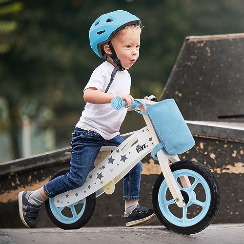 Joyz Mini-Draisienne en Bois, Vélo d'Équilibre Bleu, Vélo d'apprentissage Enfants +2 Ans, Siège Réglable, Roues EVA Increvables 11 Pouces, Sac en Tissu, Sonnette, Poignée Transport, Tricycle Éducatif