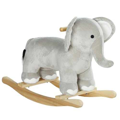 AIYAPLAY Cheval à Bascule pour Enfant, Jouet à Bascule en Peluche, en Forme d'éléphant, à Effets sonores, avec poignées, pour 2 à 4 Ans, 64,5L x 31l x 52H cm, Gris