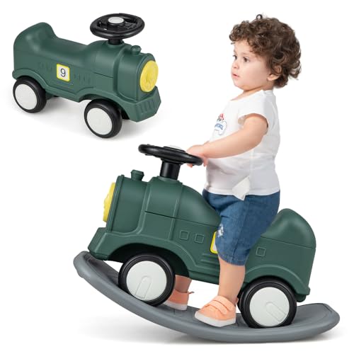 DREAMADE Cheval à Bascule/Porteur/Planche d'Equilibre 3 en 1 pour Enfant 1+ an, Charge Max. 50KG, Bandes EVA Antidérapantes (Train, Vert)