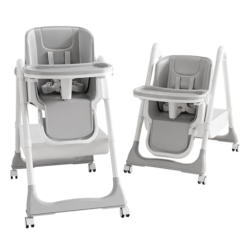 Chaise Haute Bébé Evolutive, Chaise Haute Pliable con Double Plateau Détachable, 4 Positions d'Inclinaison, 5 Positions de Hauteur, Transat Inclinable Enfant Chaise avec Roues Universelles