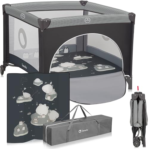 LIONELO BONNIE Parc Bébé jusqu'à 15 kg, de la Naissance à 36 mois, Accès Latéral Zippé, Filets Latéraux Aérés, Pliage Rapide, Roues Freinées, Sac de Transport (Grey)