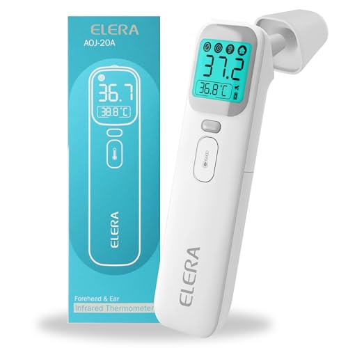 ELERA Thermomètre Auriculaire & Frontal Sans Contact - 4 Modes de Mesure, Affichage étroéclairage avec Code Couleur, 1 Seconde Résultat, Mémoire 40 Lectures, pour Bébés et Adultes
