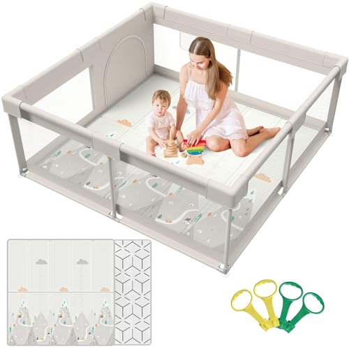 Cafolatt Parc Bebe 150X150 cm, Parc Enfant Avec Tapis, Parc Bébé XXL pour en Bas Âge, Avec Matelas pour La Maison Pliable (150X150X64 cm)