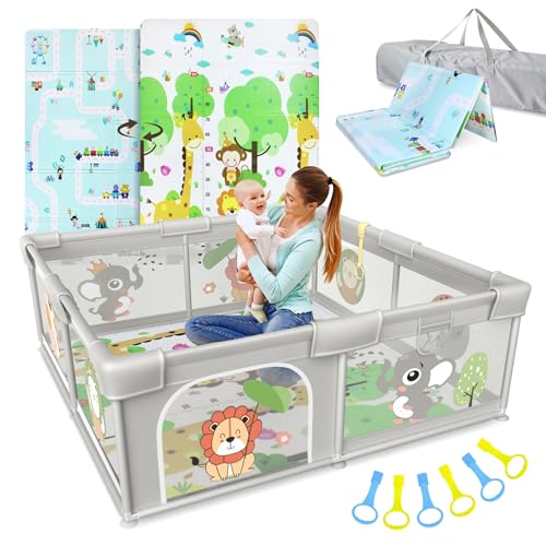 BELLEBEBE - Parc Bebe - 120x120cm - Parc Bebe Avec Tapis Pliable, 6 Poignées et Sac de Transport - Sécurisé et Facile à Monter - Design Jungle