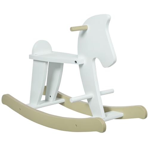 HOMCOM Cheval à Bascule en Bois - Jeu à Bascule avec Poignées, Repose-Pied et Butées - MDF Contreplaqué Blanc et Bois Naturel