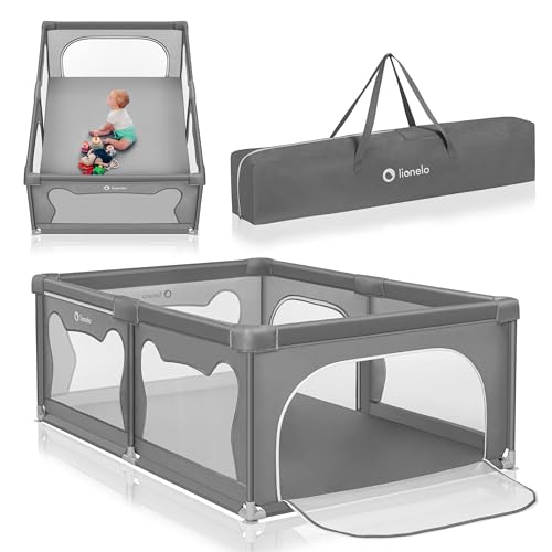 LIONELO WILLOW Parc pliant pour bébé, de 0 à 48 mois, grand espace 120 cm x 180 cm x 68 cm, parc pour bébé avec filet respirant, 2 entrées latérales zippées (Grey)