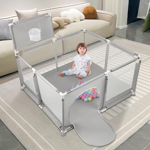 Parc Bébé,Modulable 180x120cm,50 Balles,Pliable pour Enfants 0-24 Mois,Aire de Jeu Sécurisée Maison, Tapis Anti-Dérapant Intérieur,Centre d'Activités pour Enfants,Basketball Rack