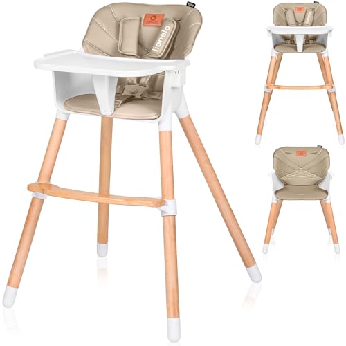 LIONELO Koen chaise haute bébé 2 en 1 pour enfant, chaise haute pliable, de 6 à 36 mois plateau amovible, 15 kg / 30 kg, ceintures de sécurité à 5 points (Beige)