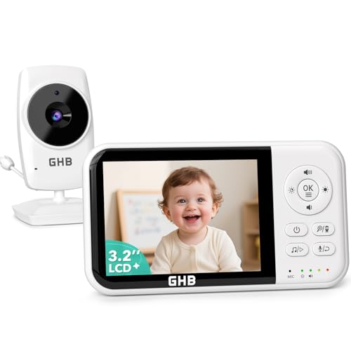 GHB Babyphone Caméra Bébé Surveillance 3,2 inches LCD Batterie 2100mAh Capteur de Température Vision Nocturne 2X Zoom Audio Bidirectionnel