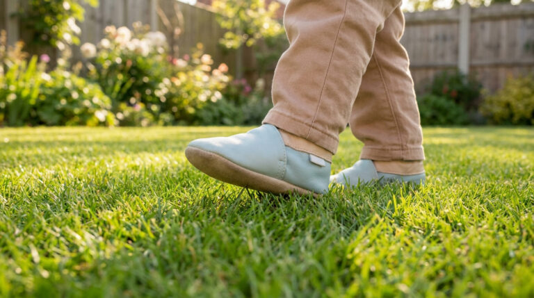 Un enfant portant des chaussures en cuir souple bleu clair marche sur une pelouse verdoyante.
